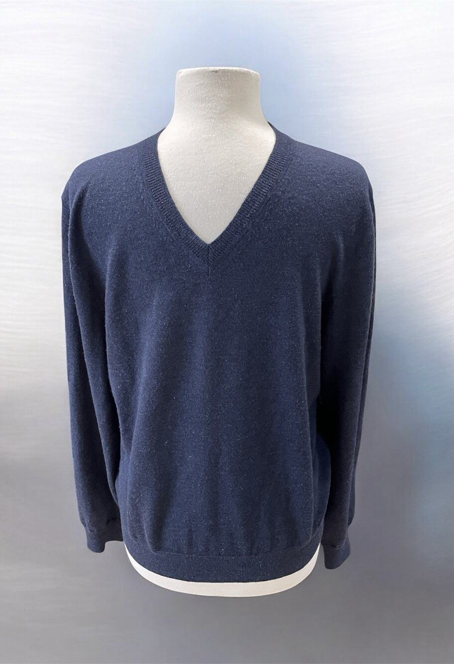 Bloomingdales Mens Store Merino Wool XL Blue Sweater V Neck Preppy Minimalist